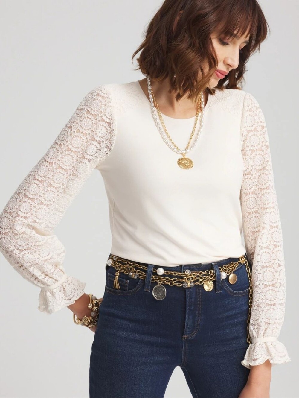 Chico's Women's Touch of Cool Lace Sleeve Top Cream Ivory Stretch Sz 3 XL